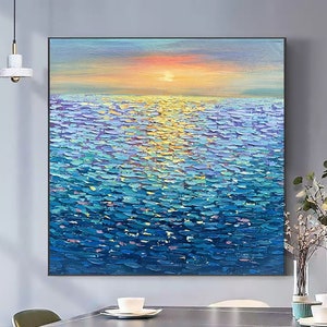 Large Ocean Landscape Oil Painting on Canvas, Original Abstract Sunset Seascape Art, Custom Minimalist Blue Wall Art Living Room Decor Gift