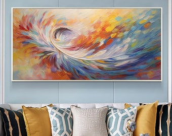 Large Wall Art Colorful Feather Oil Painting on Canvas, Abstract Original Textured Painting, Minimalist Art, Custom Living Room Decor Gift
