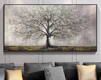 Abstraktes Baum-des-Lebens-Gemälde auf Leinwand, Originales graues Baumgemälde, große Wandkunst, minimalistische Kunst, individuelles Gemälde, Wohnzimmer-Wohndekoration