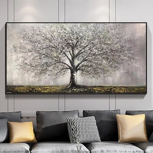 Abstract Tree of Life Painting on Canvas, Original Gray Tree Painting, Large Wall Art, Minimalist Art Custom Painting Living Room Home Decor