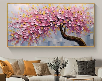 3D Flower Oil Painting On Canvas, Original Pink Cherry Flower Painting, Palette Knife Blossom Art, Large Wall Art, Living Room Wall Decor
