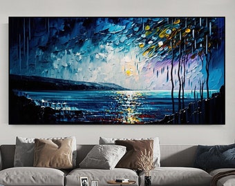 Abstract Original Night Seascape Oil Painting On Canvas, Large Wall Art Blue Ocean Landscape Painting Custom Painting Living Room Wall Decor