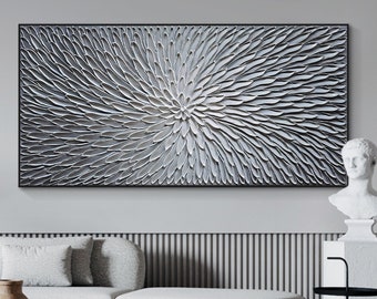 Large Abstract Flower Oil Painting, Original Minimalist White Floral Palette Knife Acrylic Painting Modern Living Room Wall Art Home Decor