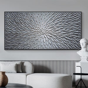 Large Abstract Flower Oil Painting, Original Minimalist White Floral Palette Knife Acrylic Painting Modern Living Room Wall Art Home Decor