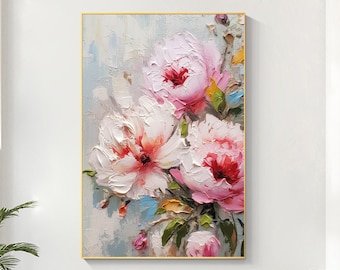 Peinture à l'huile originale de fleur rose sur la toile, grande peinture d'art mural, peinture de paysage floral abstrait, peinture personnalisée, décoration murale de salon moderne