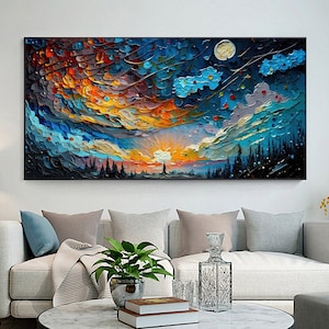 Original Colorful Sky Oil Painting on Canvas, Large Wall Art Custom Painting, Abstract Night Landscape Art Boho Wall Decor Living Room Art