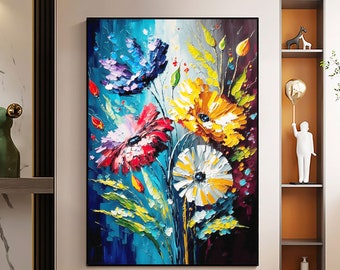 Abstract Colorful Flower Oil Painting On Canvas, Large Wall Art Custom Painting, Original Floral Art Texture Wall Art Living Room Decor Gift