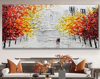 Abstract Autumn Forest Landscape Oil Painting on Canvas,Romantic Couple Large Wall Art Textured MInimalist Painting Modern Living Room Decor