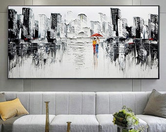 Large Abstract City Textured Oil Painting on Canvas, Romantic Couple Modern Urban Landscape Wall Art Black Painting Living Room Home Decor
