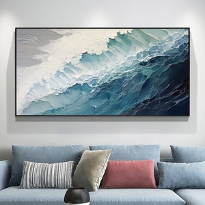 Original Ocean Wave Oil Painting On Canvas, Large Wall Art, Abstract Minimalist Painting, Custom Blue Sea Wall Art Living Room Decor Gift