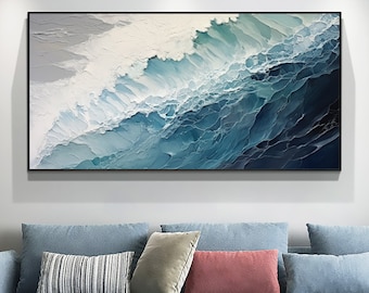 Original Ocean Wave Oil Painting On Canvas, Large Wall Art, Abstract Minimalist Painting, Custom Blue Sea Wall Art Living Room Decor Gift