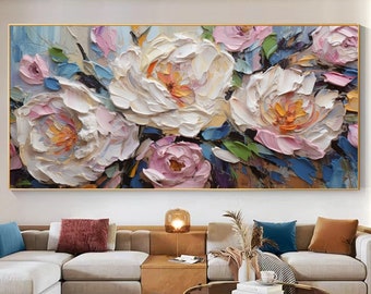 Original Flower Oil Painting On Canvas,Large Wall Art, Abstract White Floral Landscape Painting,Custom Painting, Modern Living Room Decor