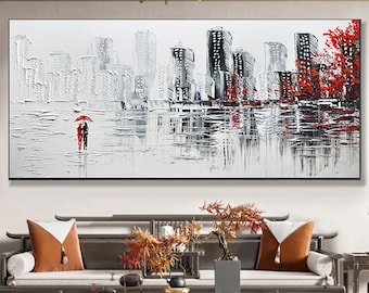 Abstract Romantic Couple Oil Painting on Canvas, Large Wall Art, Original City Landscape Painting Minimalist Art Custom Living Room Decor