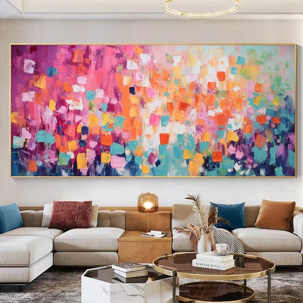 Abstract Colorful Block Oil Painting on Canvas, Large Wall Art, Original Minimalist Wall Art, Custom Painting Boho Living Room Home Decor