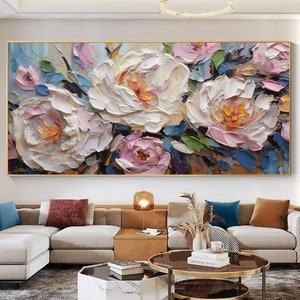 Original Flower Oil Painting On Canvas,Large Wall Art, Abstract White Floral Landscape Painting,Custom Painting, Modern Living Room Decor