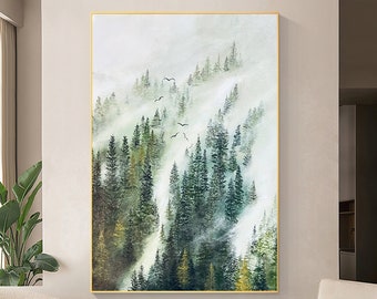 Abstract Forest Oil Painting on Canvas, Large Wall Art, Original Green Mountian Landscape Art, Minimalist Custom Painting Living Room Decor