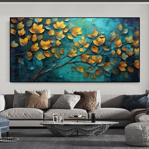 Abstract Tree Leaves Oil Painting On Canvas, Large Wall Art, Original Golden Leaf Landscape Painting, Custom Painting Living Room Decor Gift