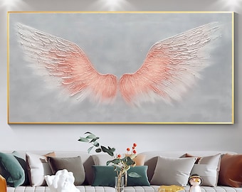 Large Pink Angel Wing Oil Painting on Canvas, Abstract Original Modern Minimalist Custom 3D Texture Acrylicd Painting Bedroom Wall Art Decor