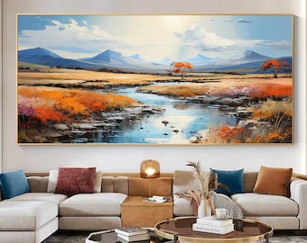Original River Landscape Oil Painting on Canvas, Abstract Blue Mountain Painting, Large Wall Art Nature Painting Living Room Decor