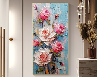 Originele bloem olieverfschilderij op doek, kunst aan de grote muur, abstracte roze bloemen landschap schilderij, schilderij op maat, moderne woonkamer decor