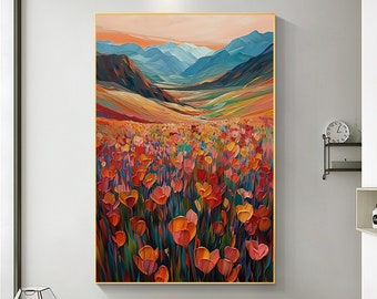 Large Abstract Red Flower Oil Painting on Canvas Wall Art, Original Mountain Landscape Art Spring Decor Modern Living Room Home Decor Gift
