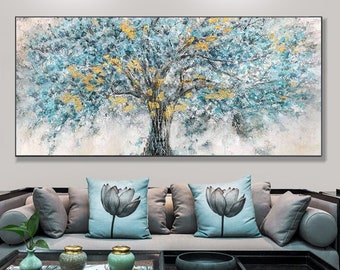 Gold Foil Blooming Banyan Tree Hand Painted, Original Canvas Teal Tree Abstract Textured Landscape Modern Bedroom Large Wall Art Home Decor