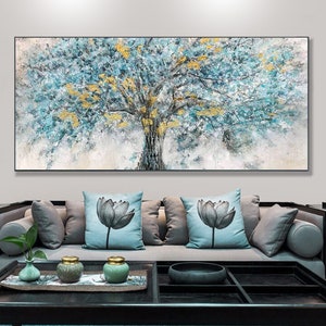 Gold Foil Blooming Banyan Tree Hand Painted, Original Canvas Teal Tree Abstract Textured Landscape Modern Bedroom Large Wall Art Home Decor