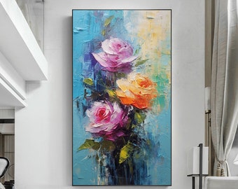 Pittura a olio astratta di fiori colorati su tela, pittura personalizzata di grande arte da parete, regalo di arredamento per soggiorno con arte floreale minimalista originale