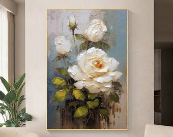 Peinture à l'huile originale de fleur blanche sur toile, grande oeuvre d'art murale, peinture florale abstraite, art minimaliste, peinture personnalisée, cadeau déco de salon