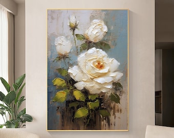 Original White Flower Oil Painting on Canvas, Large Abstract Floral Wall Art