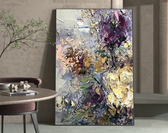 Abstract Colorful Textured  Flower Oil Painting on Canvas, Large Original Modern Floral Acrylic Painting Living Room Wall Art Home Decor