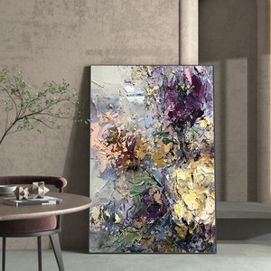 Abstract Colorful Textured  Flower Oil Painting on Canvas, Large Original Modern Floral Acrylic Painting Living Room Wall Art Home Decor
