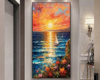 Original Nautical Oil Painting On Canvas, Large Wall Art, Abstract Ocean Sunset Landscape Painting, Custom Painting, Living Room Wall Decor