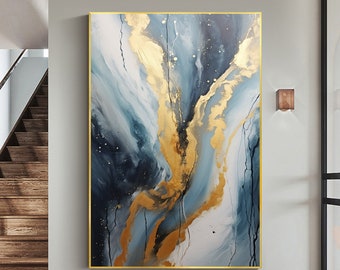 Abstraktes minimalistisches Ölgemälde Auf Leinwand, Große Wandkunst Benutzerdefinierte Malerei, Original Goldfolie Gemälde Goldwanddekor Wohnzimmer