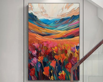 Abstract Flower Landscape Oil Painting on Canvas Large Wall Art, Original Colorful Mountain Art Spring Decor Modern Living Room Home Decor