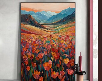 Large Abstract Red Flower Oil Painting on Canvas Wall Art, Original Mountain Landscape Art Spring Decor Modern Living Room Home Decor Gift