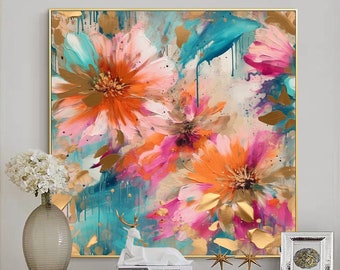 Large Original Flower Oil Painting On Canvas,Canvas Wall Art,Abstract Pink Floral Landscape Painting,Custom Painting,Living Room Home Decor