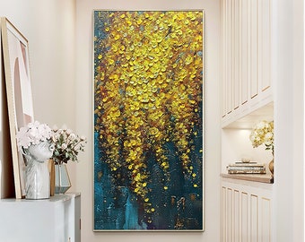 Abstract Yellow Flower Landscape Oil Painting on Canvas, Original Modern Floral Textured Acrylic Painting Large Wall Art Living Room Decor