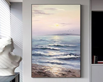 Abstract Sunset Ocean Landscape Oil Painting on Canvas,Large Original Custom Blue Sea Beach Acrylic Painting Living Room Wall Art Home Decor