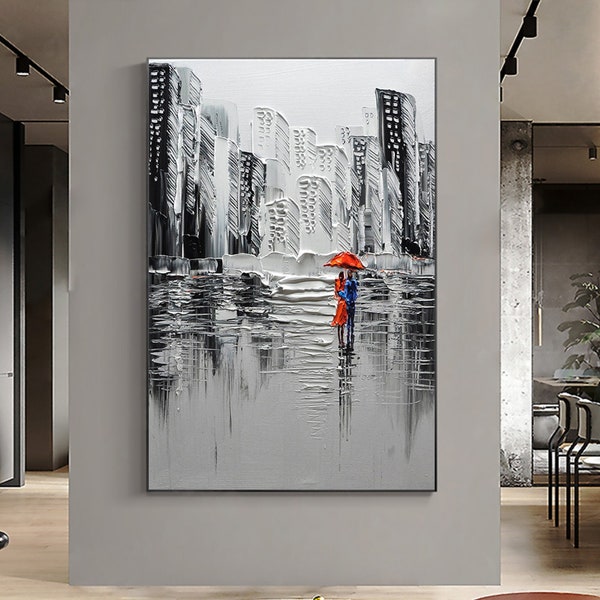 Large Abstract City Landscape Oil Painting on Canvas, Romantic Couple Textured Modern Urban Wall Art Black Painting Living Room Home Decor