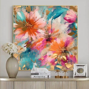 Large Original Flower Oil Painting On Canvas,Canvas Wall Art,Abstract Pink Floral Landscape Painting,Custom Painting,Living Room Home Decor