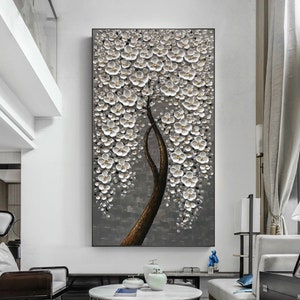3D抽象桜の木の油絵、オリジナルの質感のある白い花の風景画、モダンなパレットナイフの絵画、壁アート、寝室の装飾
