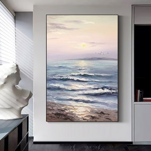 Pintura al óleo abstracta de paisaje oceánico al atardecer sobre lienzo, gran pintura acrílica original personalizada de playa de mar azul, arte de pared para sala de estar, decoración del hogar
