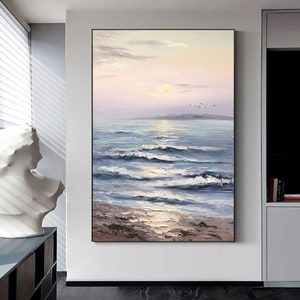 Abstract Sunset Ocean Landscape Oil Painting on Canvas,Large Original Custom Blue Sea Beach Acrylic Painting Living Room Wall Art Home Decor