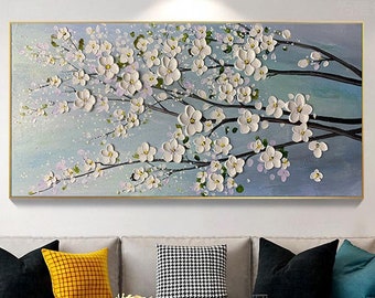 Pittura a olio di fiori 3D su tela, fiore di ciliegio bianco originale, grande arte murale, pittura con spatola, pittura acrilica strutturata, arte fatta a mano