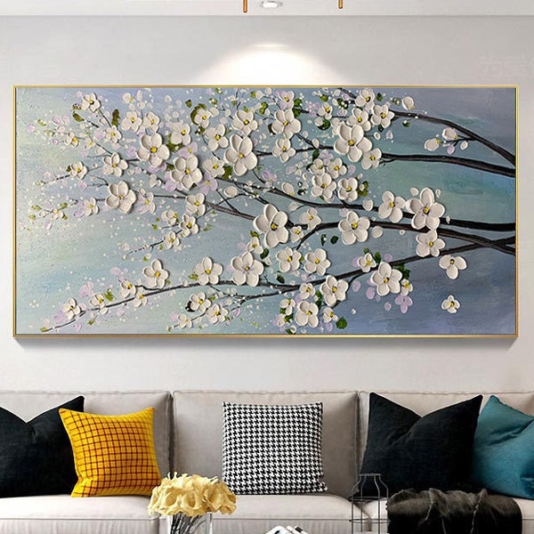 3D-Blumen-Ölgemälde auf Leinwand, Original weiße Kirschblume, große Wandkunst, Palettenmessergemälde, strukturiertes Acrylgemälde, handgemachte Kunst