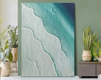 Large Ocean Landscape Oil Painting on Canvas, Original Abstract Blue Beach Seascape Texture Acrylic Painting Living Room Wall Art Home Decor