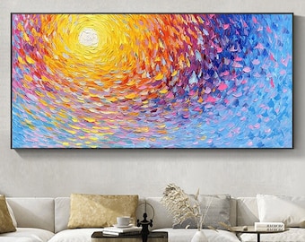 Large Abstract Sunset Seascape Oil Painting on Canvas, Original Modern Custom Colorful Flower Acrylic Painting Boho Bedroom Wall Art Decor