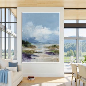 Dipinto a olio di paesaggio astratto vibrante, originale opera d&#39;arte murale con cielo blu e nuvole bianche, dipinto di paesaggio naturale moderno, arredamento per il soggiorno