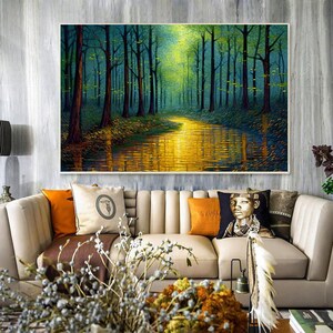 Abstract Forest Oil Painting On Canvas, Large Wall Art,Original Green Tree Painting River Landscape Art,Custom Painting,Living Room Decor